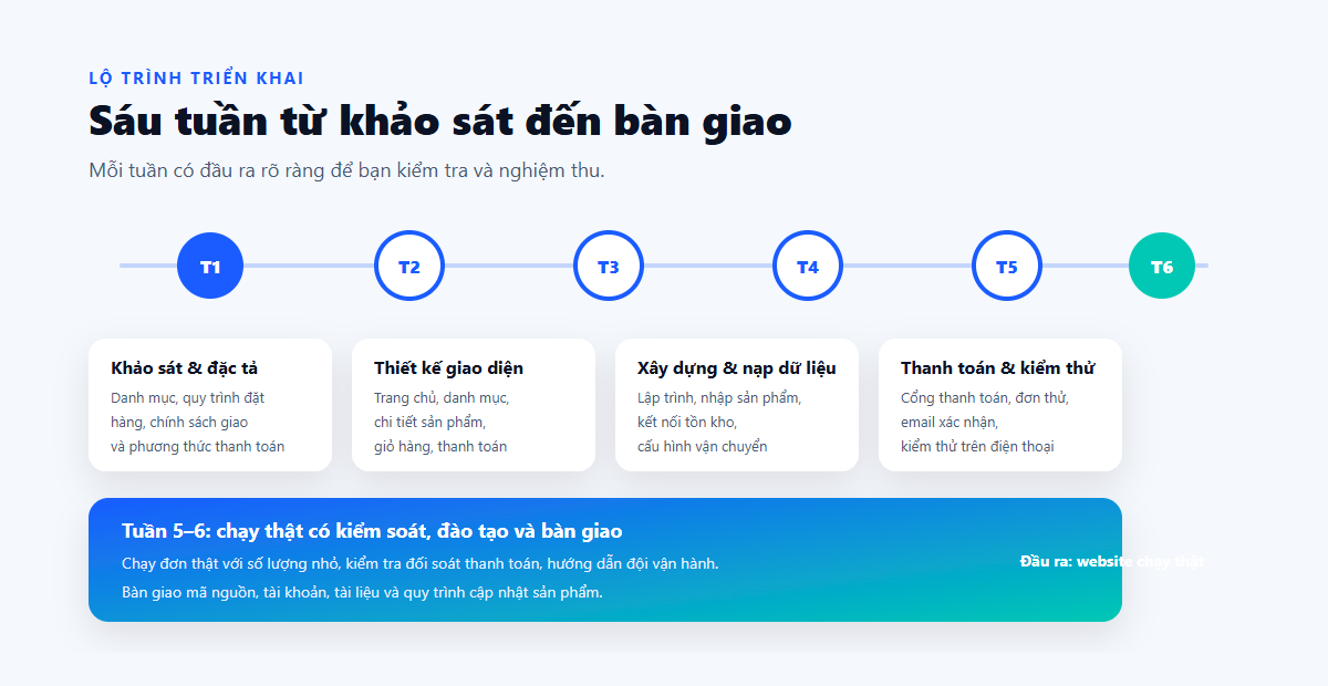 Lộ trình 6 tuần triển khai website đặt hàng online
